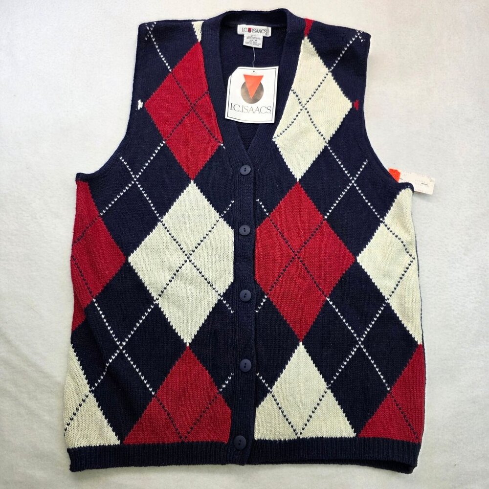 Vintage I.C. Isaacs Argyle Cardigan Sweater M Red Navy Twee Layering Preppy 70s